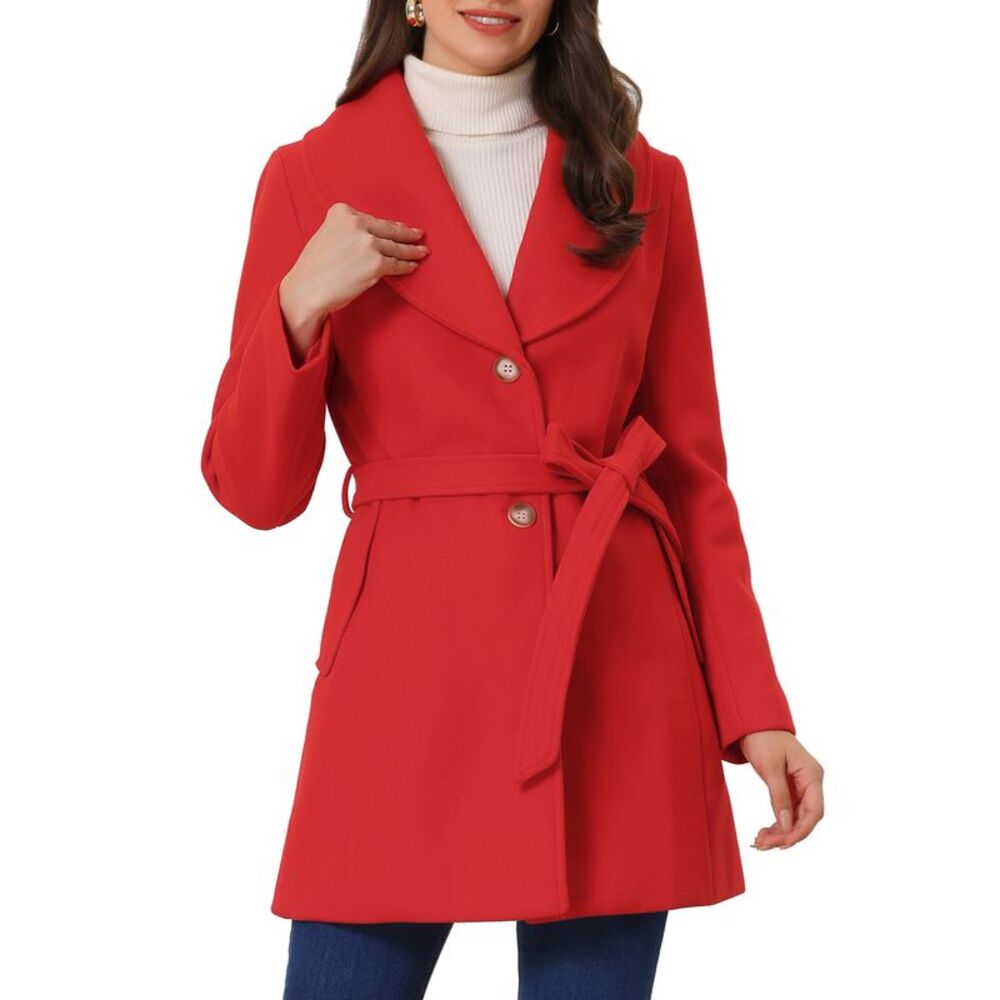 Shawl Collar Outwear Winter Belted Single Breasted Coat Red